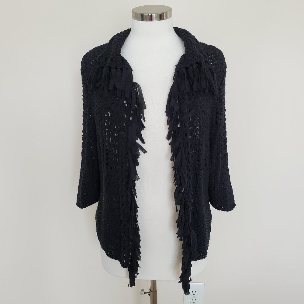 Chico's Size 1 Medium Black Open Front Knit Fringe - Picture 1 of 12